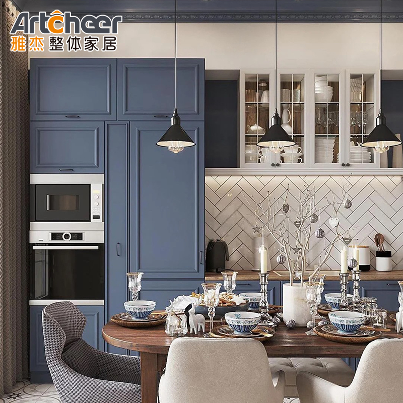 Modular Kitchen Cabinet Set With Gold Handles And Dark Blue Sectional Design In Plywood Material