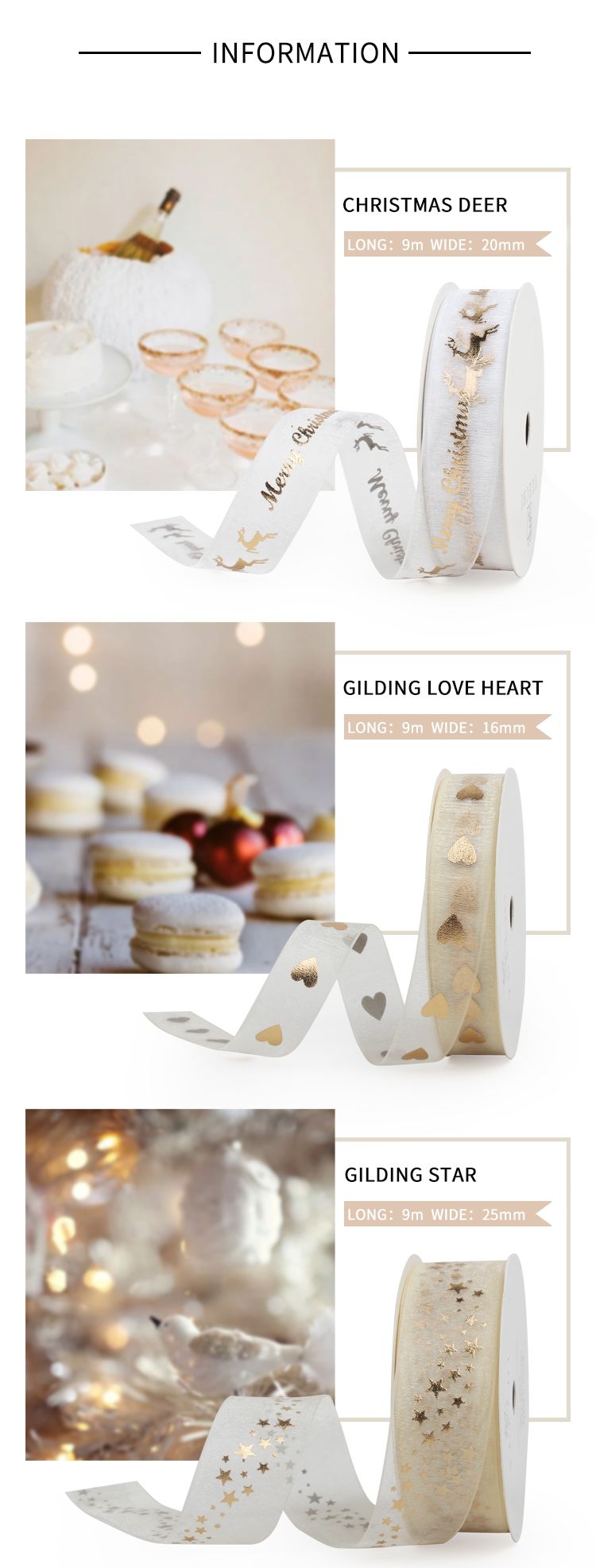 Christmas deer printing snow yarn band for gift packing Transparent organza gift ribbon