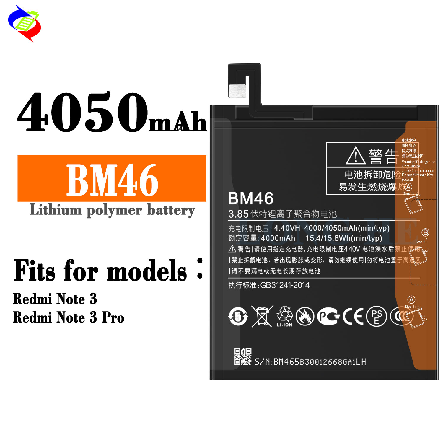 4000mAh BM46 Battery for Xiaomi Redmi Note3 Rechargeable and High Capacity Replacement