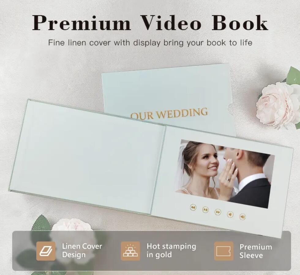 customized 7 inch/10 inch HD LCD wedding video book motion books with linen cover and FOIL print