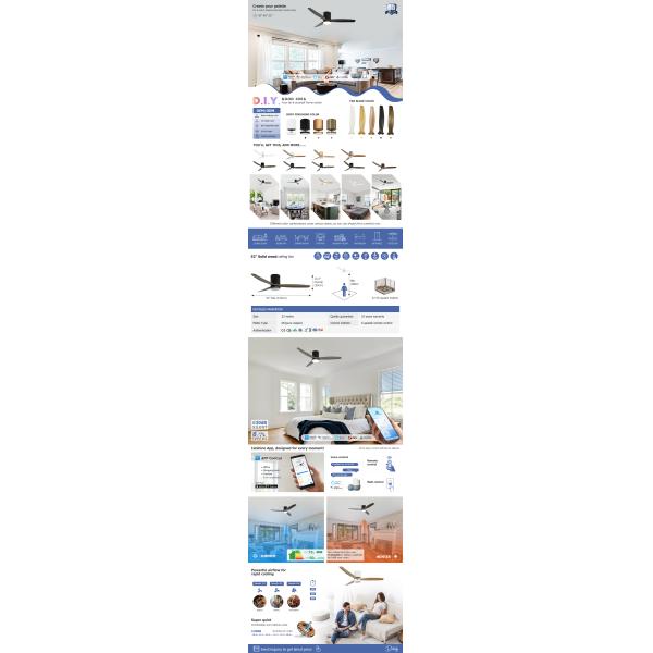 Decorative Solid Wood Flush Mount Ceiling Fan With LED Light 6 Speed Remote Control
