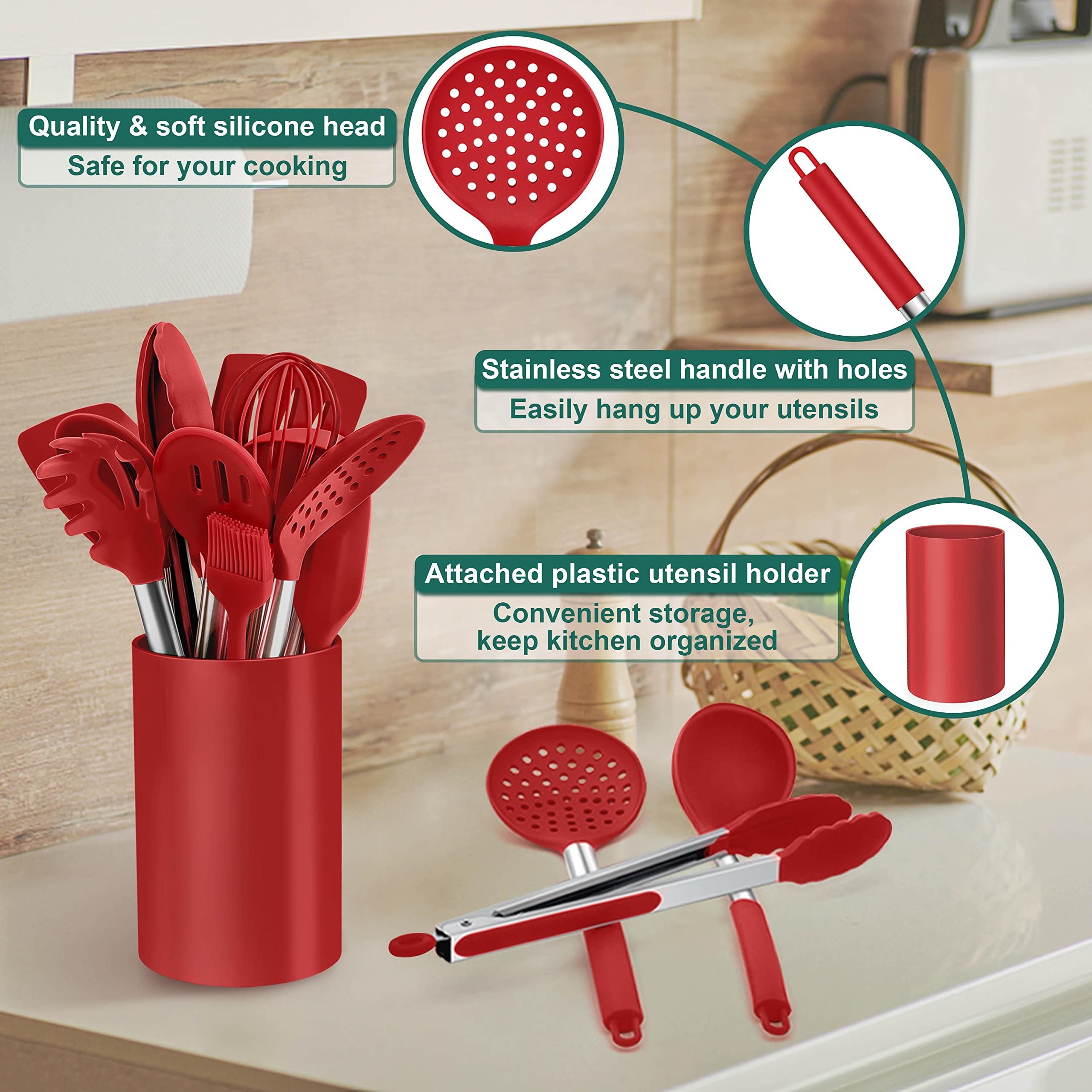 14 Pieces Kitchen Cooking Silicone Utensils Set with Stainless Steel Handle Kitchen Tools Set for Nonstick Cookware