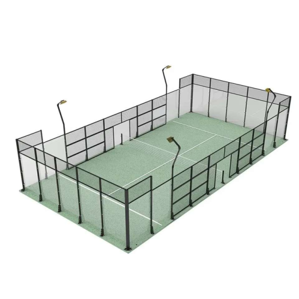 Padel court during competitive gameplay with players in action