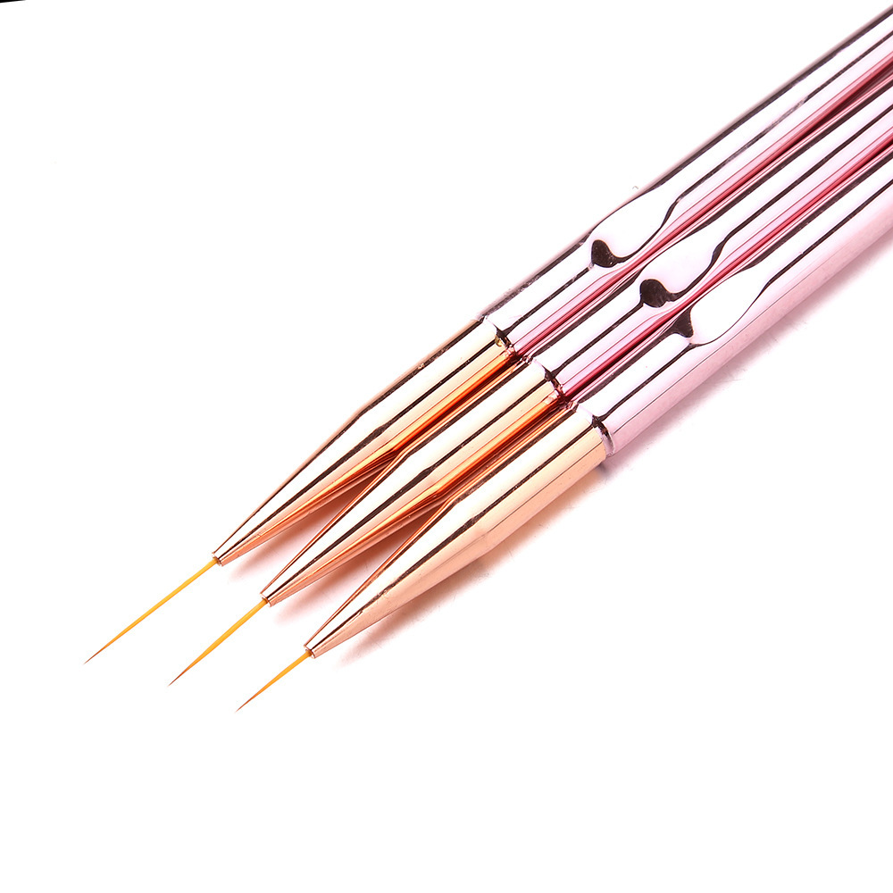 3pcs Metal Handle Nail Art Line Pen UV Gel Nail Brush Set Rose Gold Color