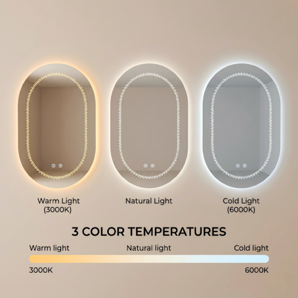 Kingstin Invisible LED Strip Bathroom Mirror, Smart Touch Oval Frameless Mirror, 3000K-6000K Dimmable Vanity Mirror