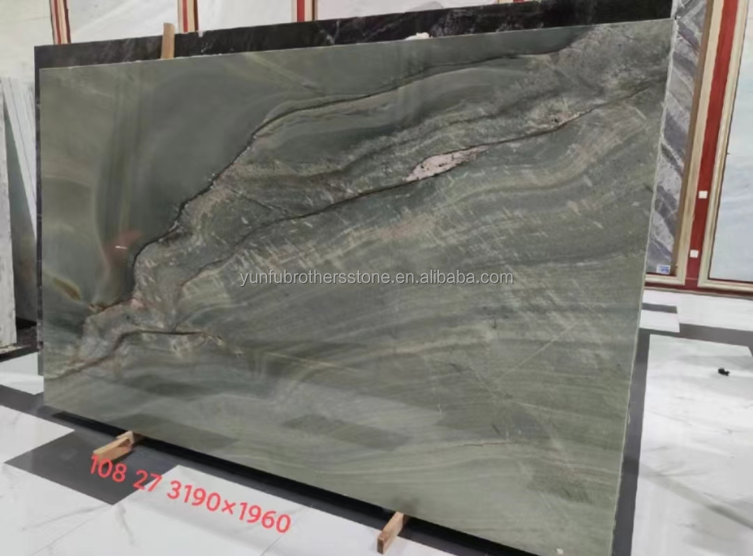 Modern Hotel Dining Table with Polished Green Marble Surface and Custom Graphic Design