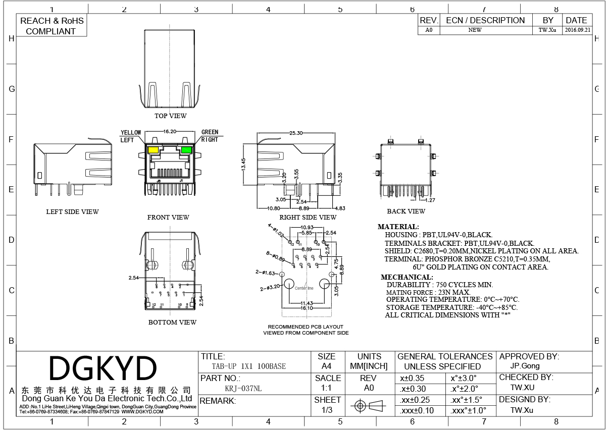 RJ45 Single Port Connector 100Mbps with LED Yellow Green for PCB