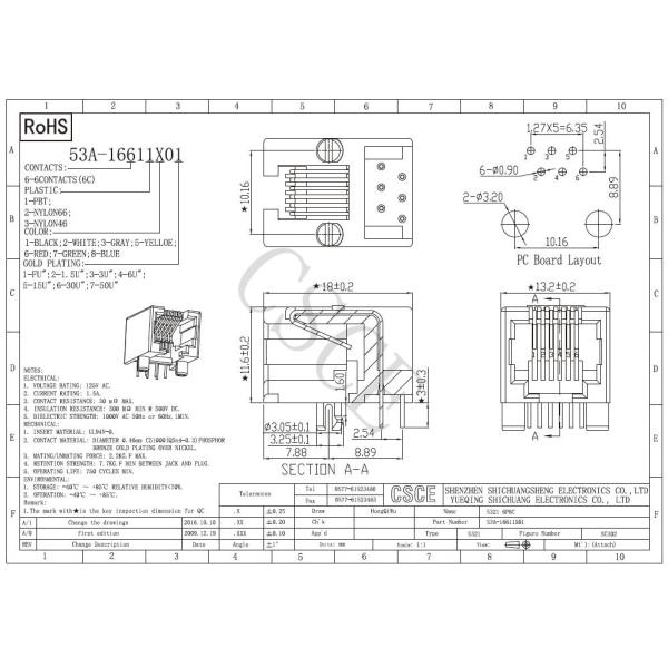 Unshielded RJ11 PCB Mount Connector 53A Series Current Rating 1.5A For Network Cable