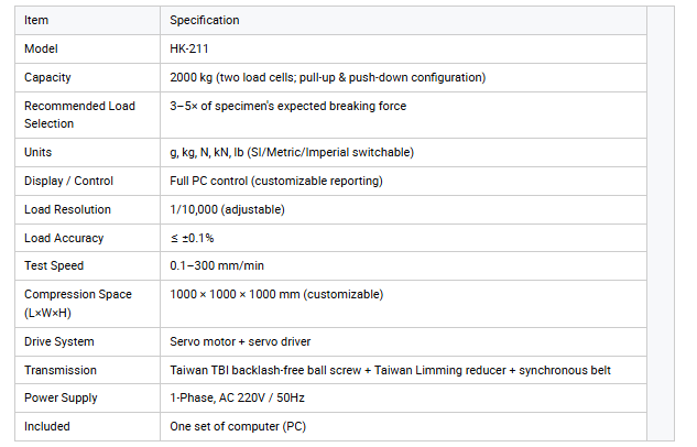 HK-211 Corrugated Box Compression Tester 2000kg BCT Stacking Load Test Machine with Windows Software