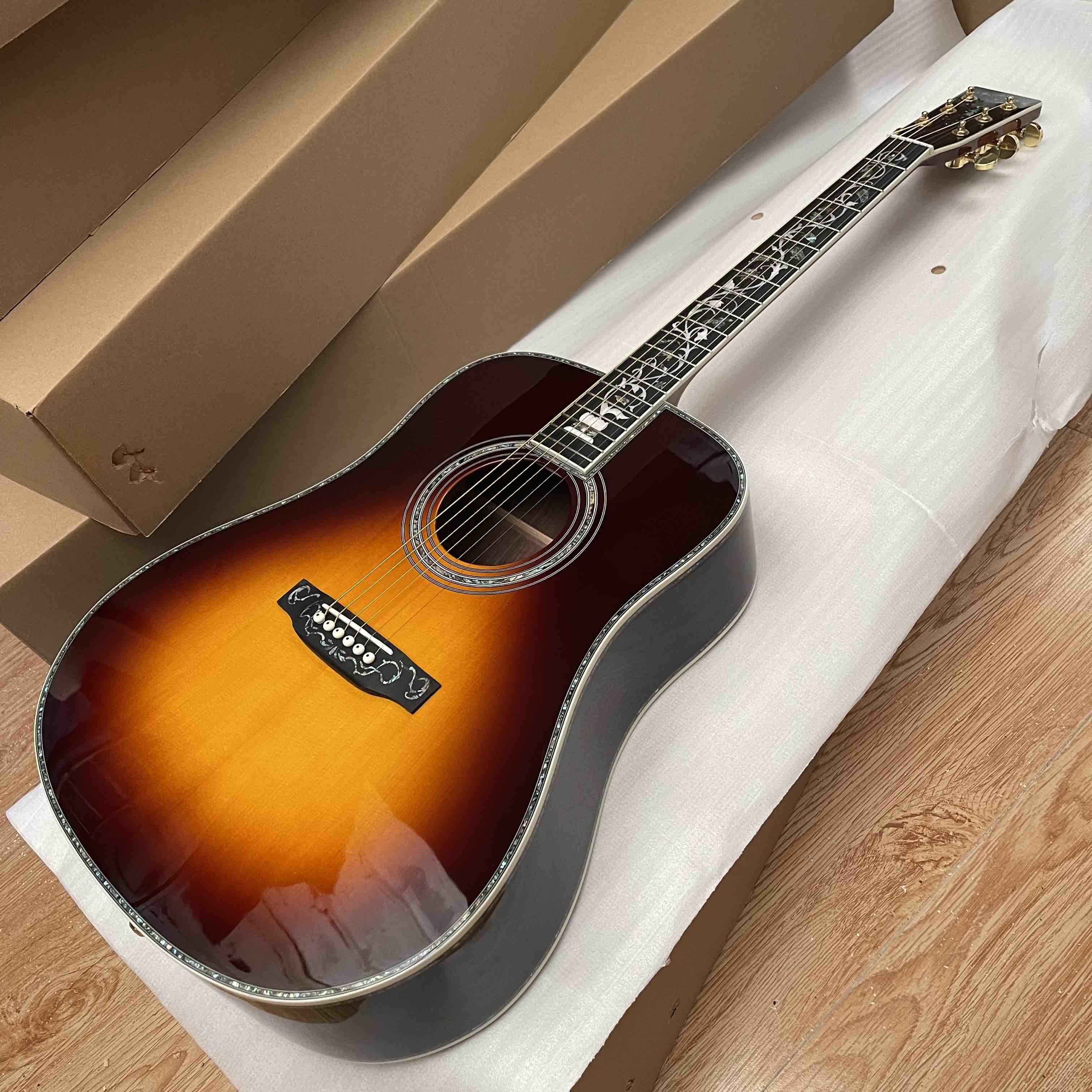 Custom New All Solid Wood Sunburst 41" D Type Acoustic Guitar Abalone Ebony Fingerboard