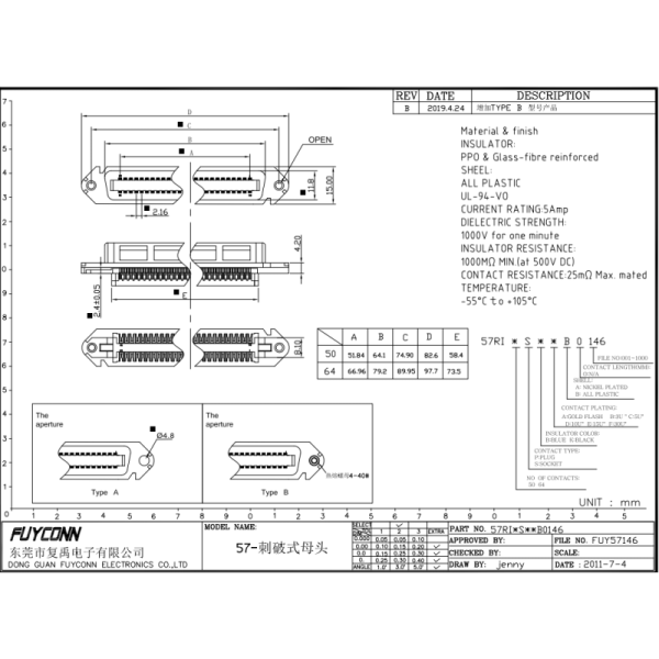 TE 5229913-1 Replacement Connector, IDC D-Sub, Receptacle Kit, Signal, 50 pin, 2.16 mm Pitch
