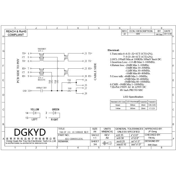 PCB Magnetic Jack With Megabit Transformer SMD SINK RJ45 Ethernet Connector KRJ-CB060YGZENL