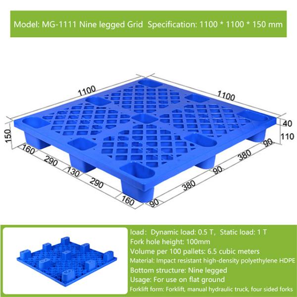 Logistic Transport Blue Stackable Nine Legs Euro Pallets Grid Surface Plastic Single Faced Style