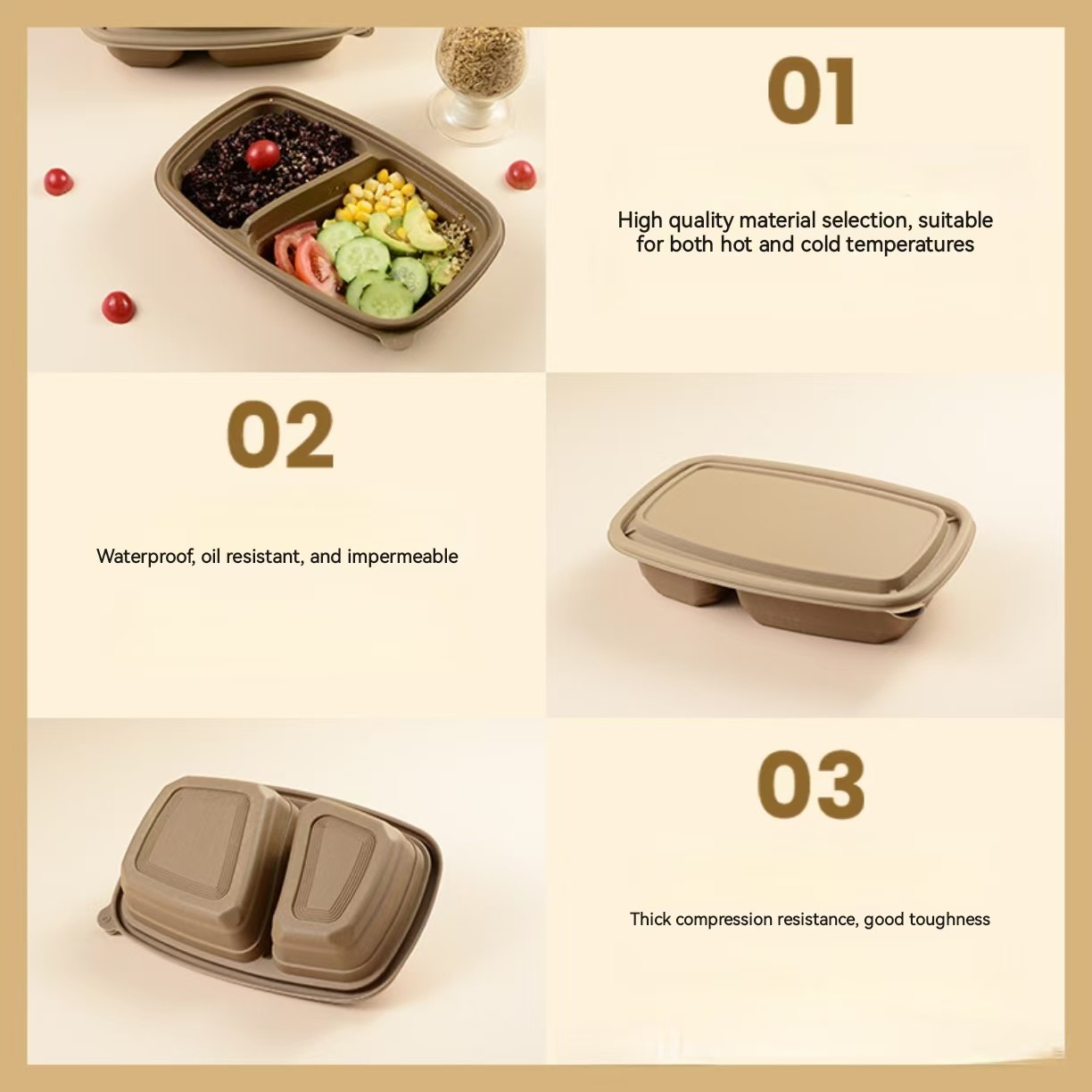 Wholesale 5 compartments environmentally friendly rice husk starch based degradable lunch box with lid