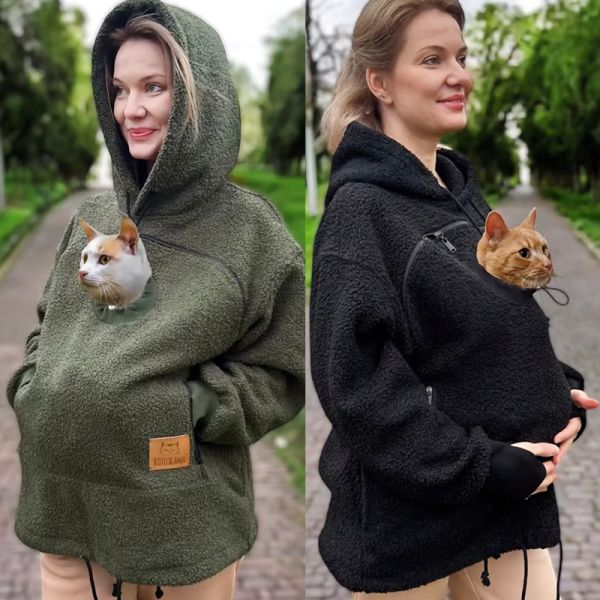 Cat Kangaroo Pocket Plush Hoodie 100% Polyester Jersey Fabric Breathable Windproof Anti-Pilling Unisex Winter Embroidered Print