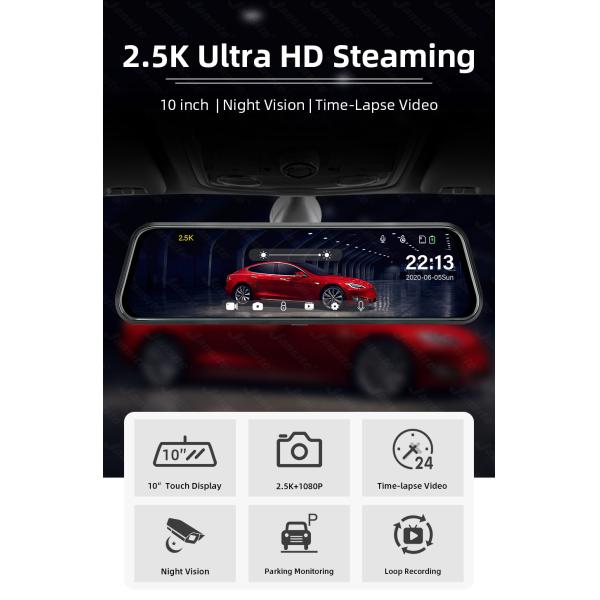 9.66 Inch Motion Activated Dashcam Full 2.5D Touch Screen Front Back Recording