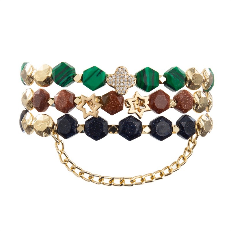 Quality Stretchy Malachite Beads Zircon Leaf Charm Bracelet With Gold Chain for sale