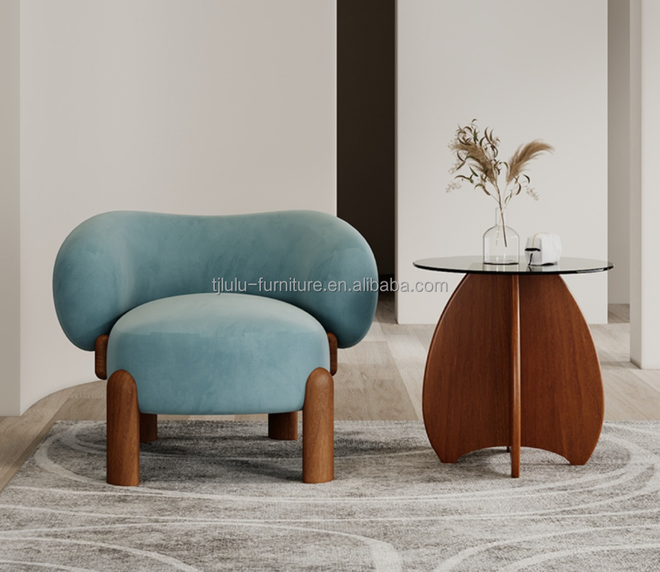 Popular Living Room Furniture Modern Solid Wood Lamb Wool/Velvet Single Sofa Chair with Walnut Legs and Light Luxury Design