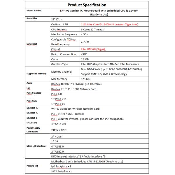 ERYING Desktops Motherboard With Onboard CPU Kit I5 11400H