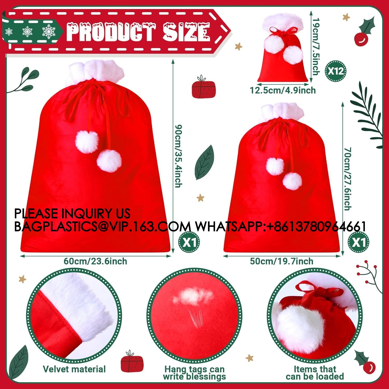 Santa Velvet Gift Bags Bulk Gift Bags Poms Christmas Gift Sack Xmas Velvet Drawstring Bag For Present Wrapping