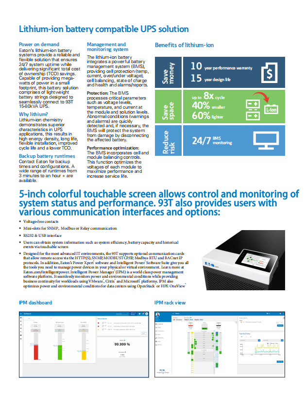 Eaton 93T 160KVA Tower UPS with Lithium-ion Compatibility and Double Conversion Online Power Protection