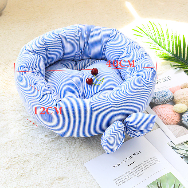 Cute Bows Stripes Dog Beds Cotton Flocked Round Pet Cushion