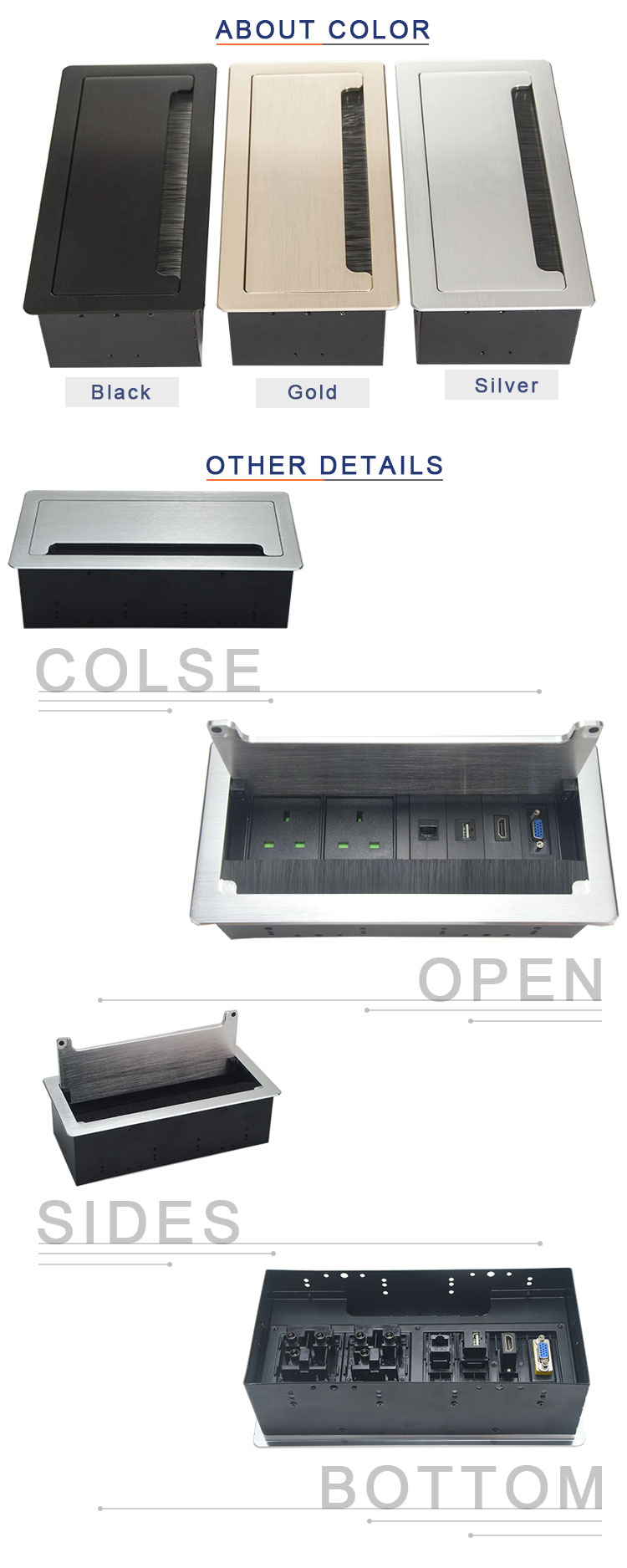 Aluminum alloy strong panel UK power recessed desktop power socket box