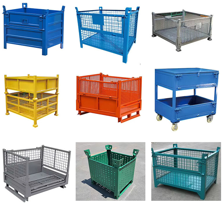 Long Service Life Powder Coating Treatment Able Folding Warehouse Metal Steel Stillage Cage Half Drop Gate Pallet Stillage Box