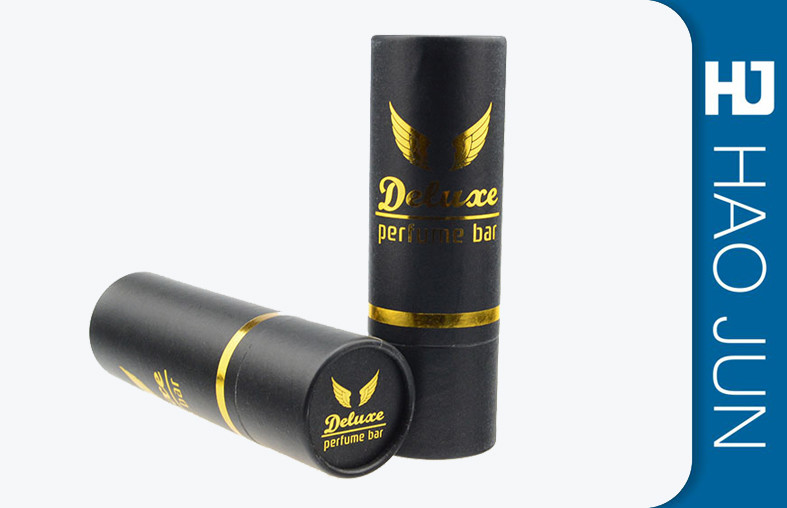 Matt Black Cylinder Cardboard Box Golden Hot Stamping For Perfume Packaging