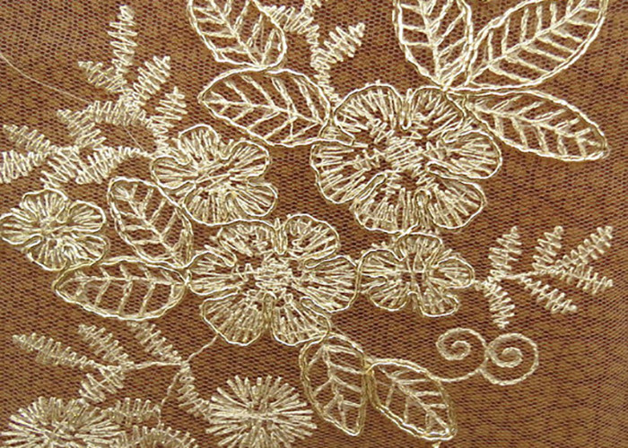 Gold Mesh Tulle Corded Lace Fabric with Floral Embroidery for Bridal Wedding Dress