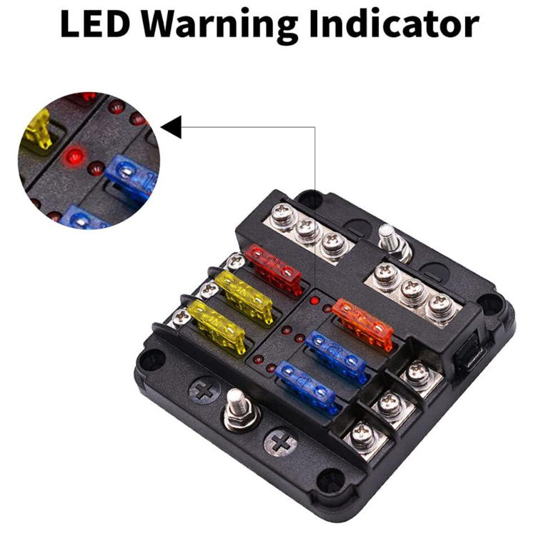 Blade Fuse Block 12 Volt Fuse Box Holder 6 Circuits Negative Bus Terminal Block With LED Indicator Damp Proof