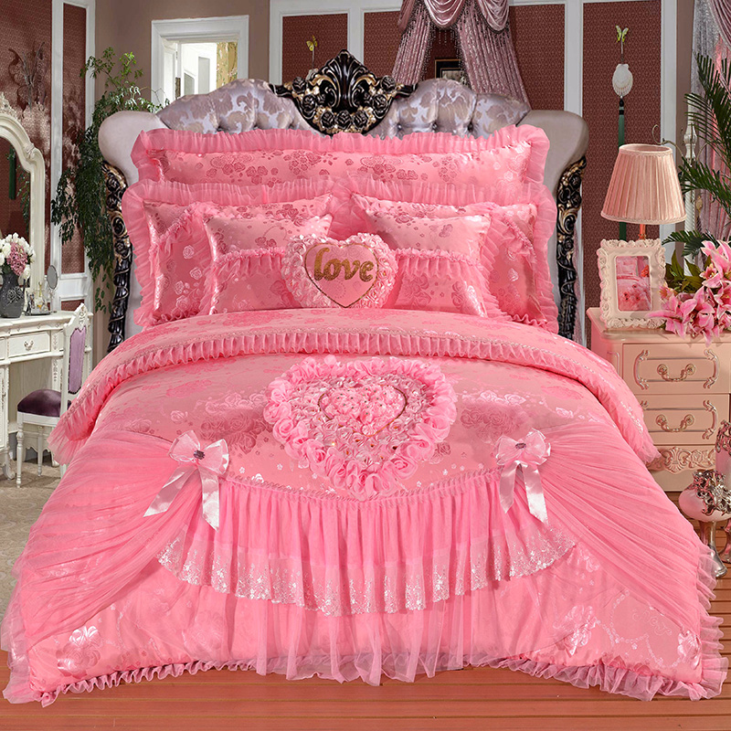 100% Cotton Solid Color Velvet Lace Bed Duvet Cover Fitted Skirt Sheets 4pcs Bedding Set