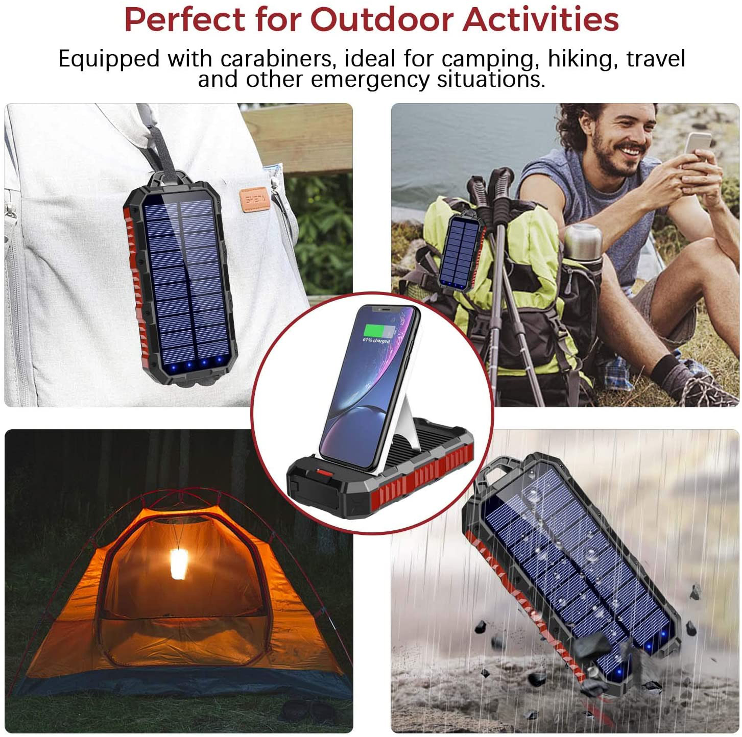 ABS PC Outdoor Wireless 30000mAh Solar Power Bank With Solar Panel
