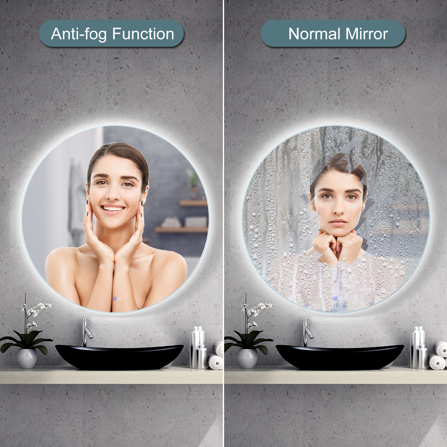5000K LED Round Bathroom Mirror Anti Fog Round Bathroom LED Mirror Intelligent