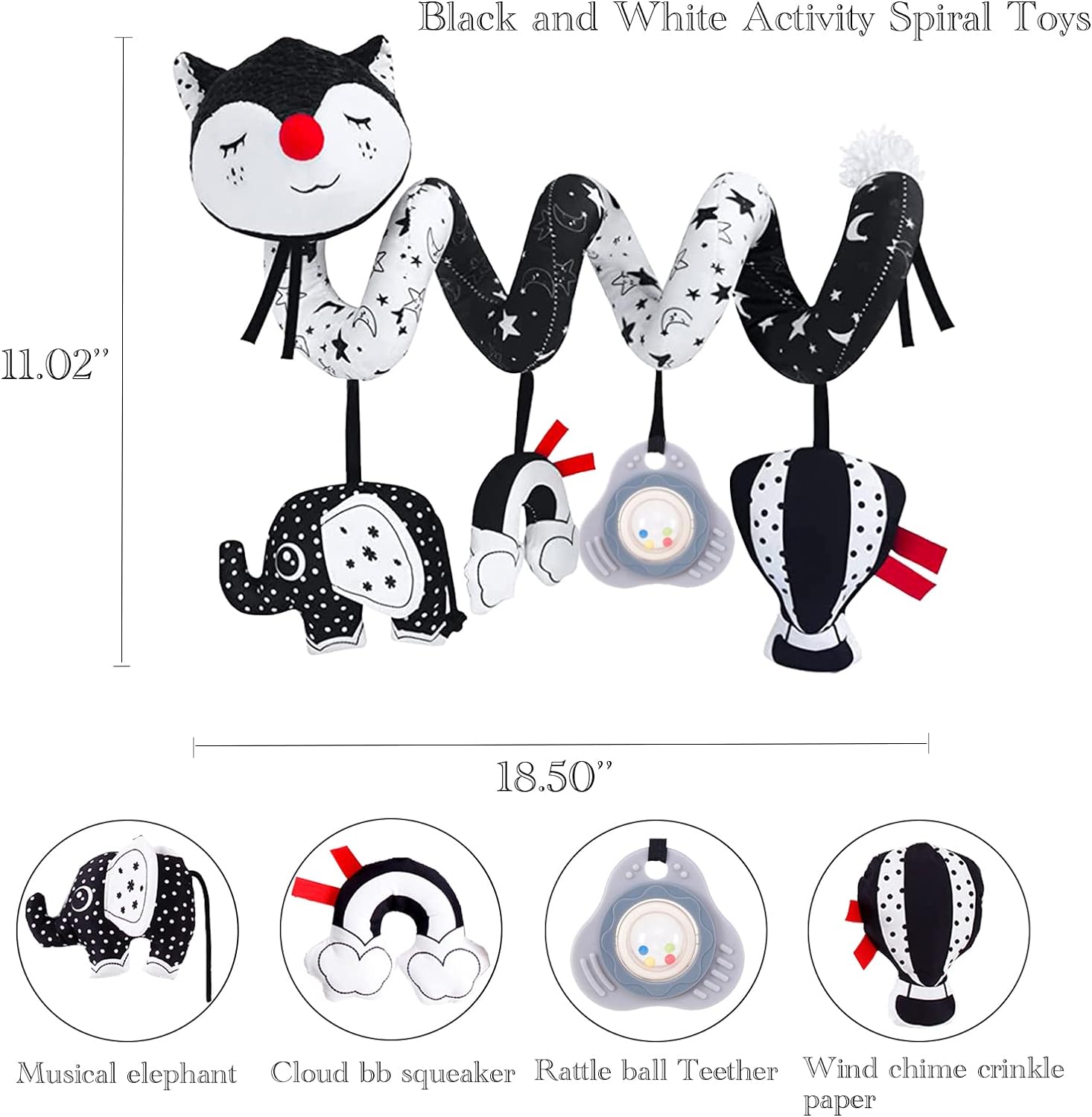 Newborn Musical Black Fox Stroller Toys High Contrast Black and White Toys for Babies