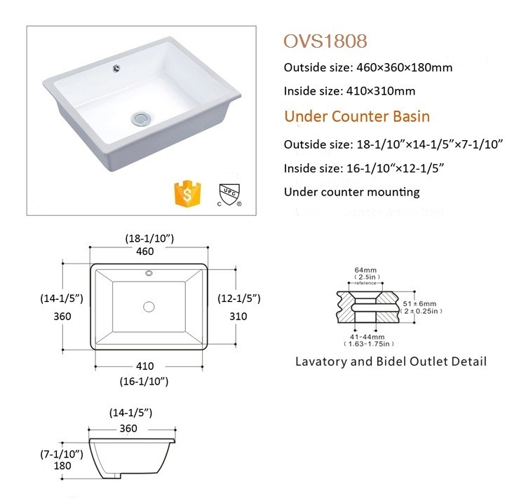 Rectangle Undermount Vanity Lavatory Bathroom Wash Basin Counter Sink