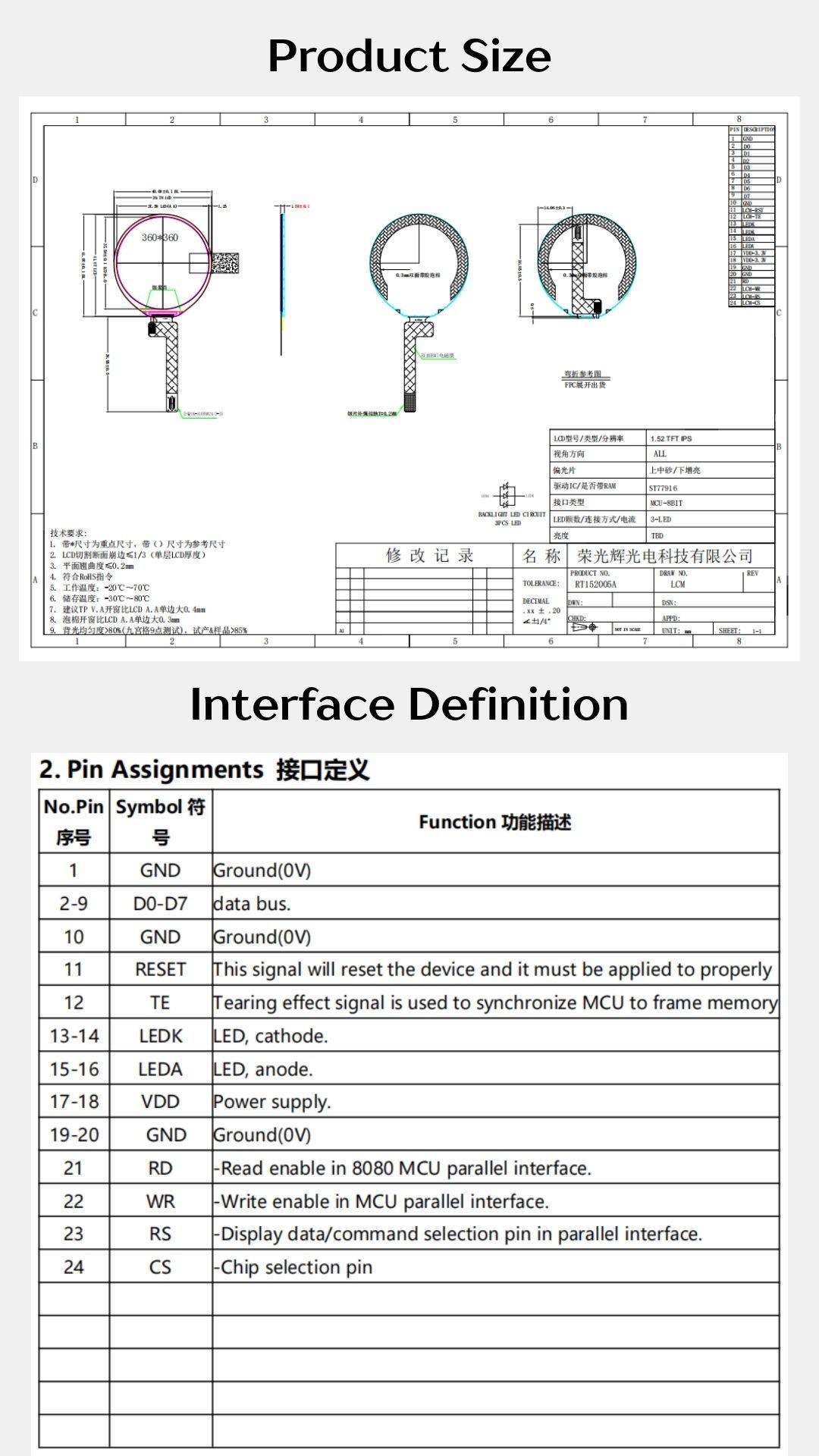 1.52" 360×360 Transmissive TFT LCD Display, High Brightness, All View, ST77916 Driver