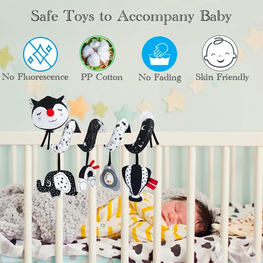 Newborn Musical Black Fox Stroller Toys High Contrast Black and White Toys for Babies