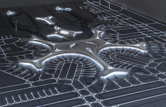 Airport model illuminated at night