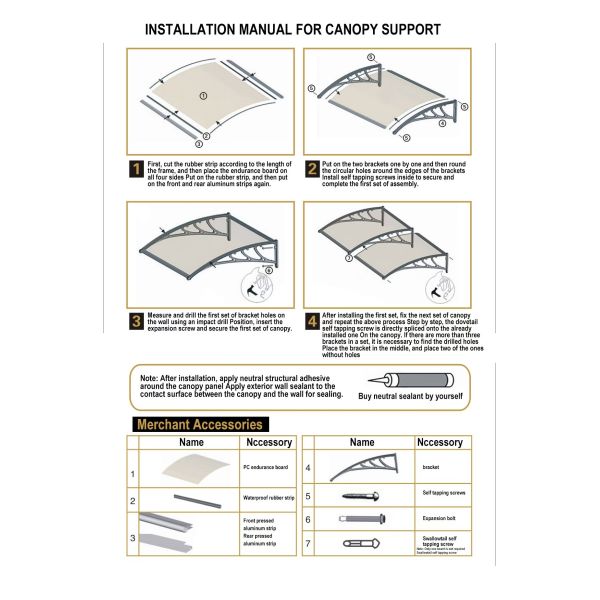 Polycarbonate Sail Material PC Canopy Featuring 600 800 1000 1200 1500mm Length Black Grey Bracket Providing Protection for Outdoor Business