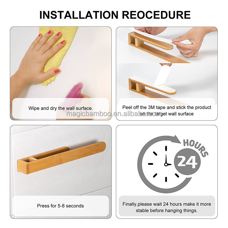 Self Adhesive Bathroom Storage Rack Bamboo Towel Rack Holder No Drilling