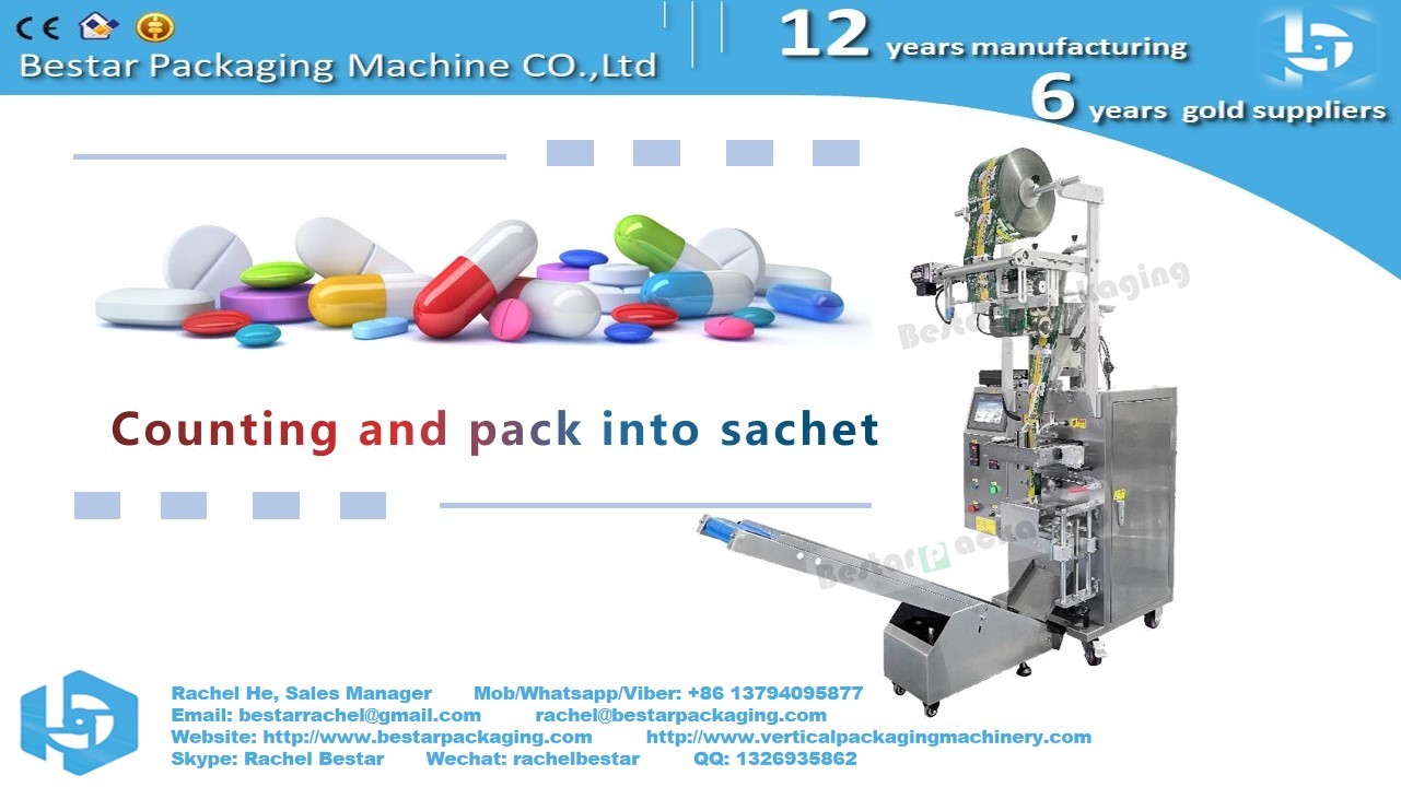 Capsules counting packaging machine for four side sealing sachet