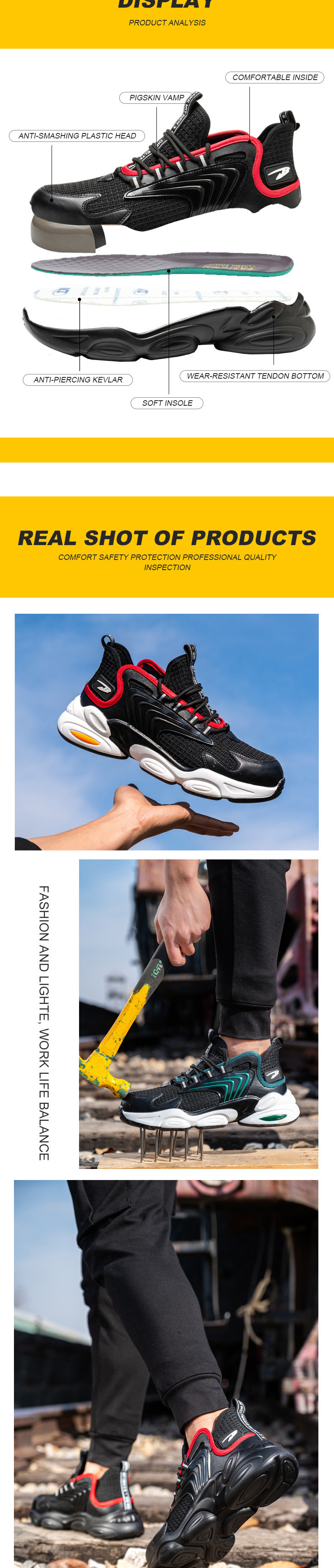 Sport Work Shoes Kevlar Anti Stabbing Effect Comfortable Safety Boots Steel Toe Prevent Smashing Prevent Collision