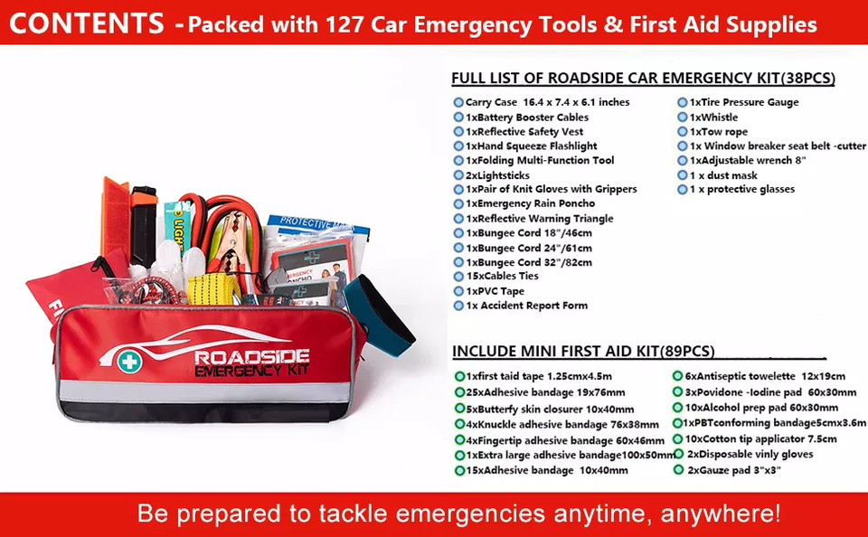 Roadside Survival Kit, First Aid Kit, Emergency Car Kit, Safety Tool Kit, Car Kit, Vehicle Safety Tool Auto