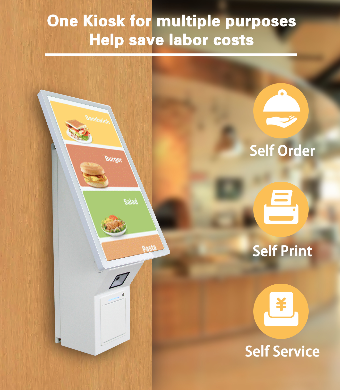Restaurant Wall mounted Self-service Payment Kiosk 21.5" Android 11.0 Touch Screen - All-in-One with Thermal Printer & QR Scanner