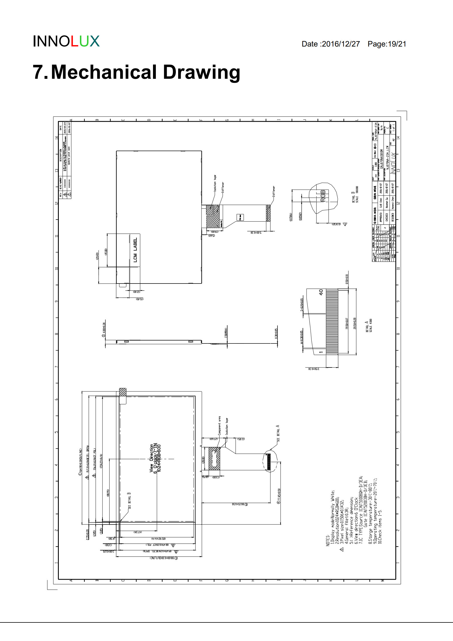 InnoLux NJ070NA-23A 7-inch TFT LCD Display Module 1024x600 Resolution LVDS Interface LED Backlight