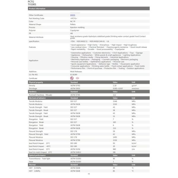Eastman TX1001 PCTG Material Injection Grade Biodegradable Plastic Raw Material
