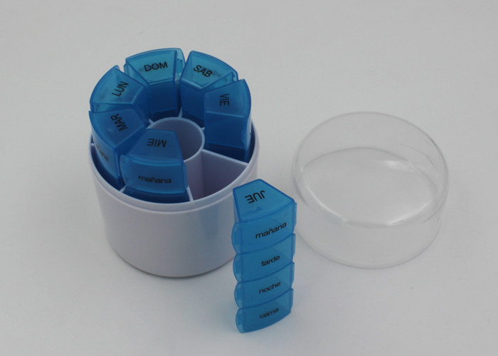 Cylindrical Plastic Pill Box With Stamp Printing Logo / 28 Day Pill Organizer