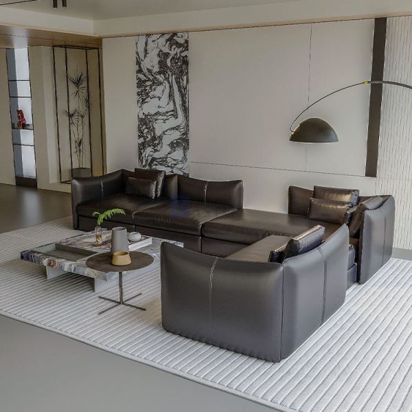 Modular Modern Italian Minimalist Black Leather Sofa Head Layer Cowhide Large Flat Layer Straight Row Corner Down Sofa