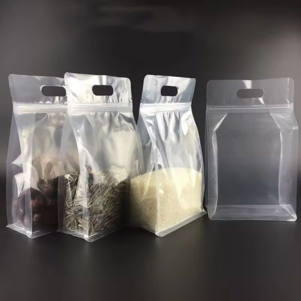 Cheap Reusable Stand up Ziplock Square Bottom Mylar Clear Hand Hole Food Packaging Plastic Bags for Storage